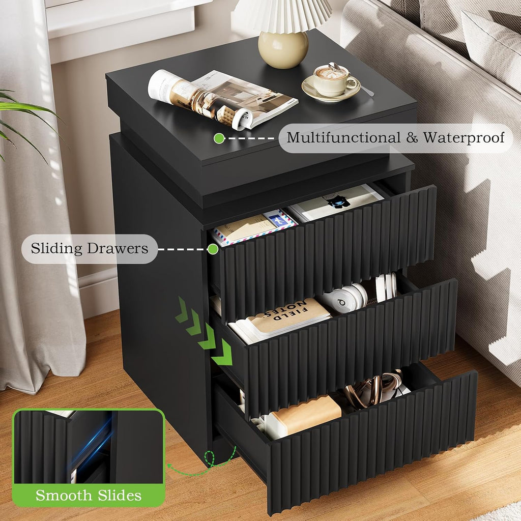 Nightstand with Charging Station and LED Lights, Modern Black Night Stand with Sliding Top, Fluted Bedside Table with