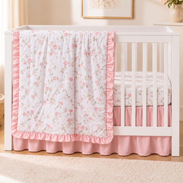 3 Pcs Pink Floral Crib Bedding Set for Baby Girls, Ruffle Design
