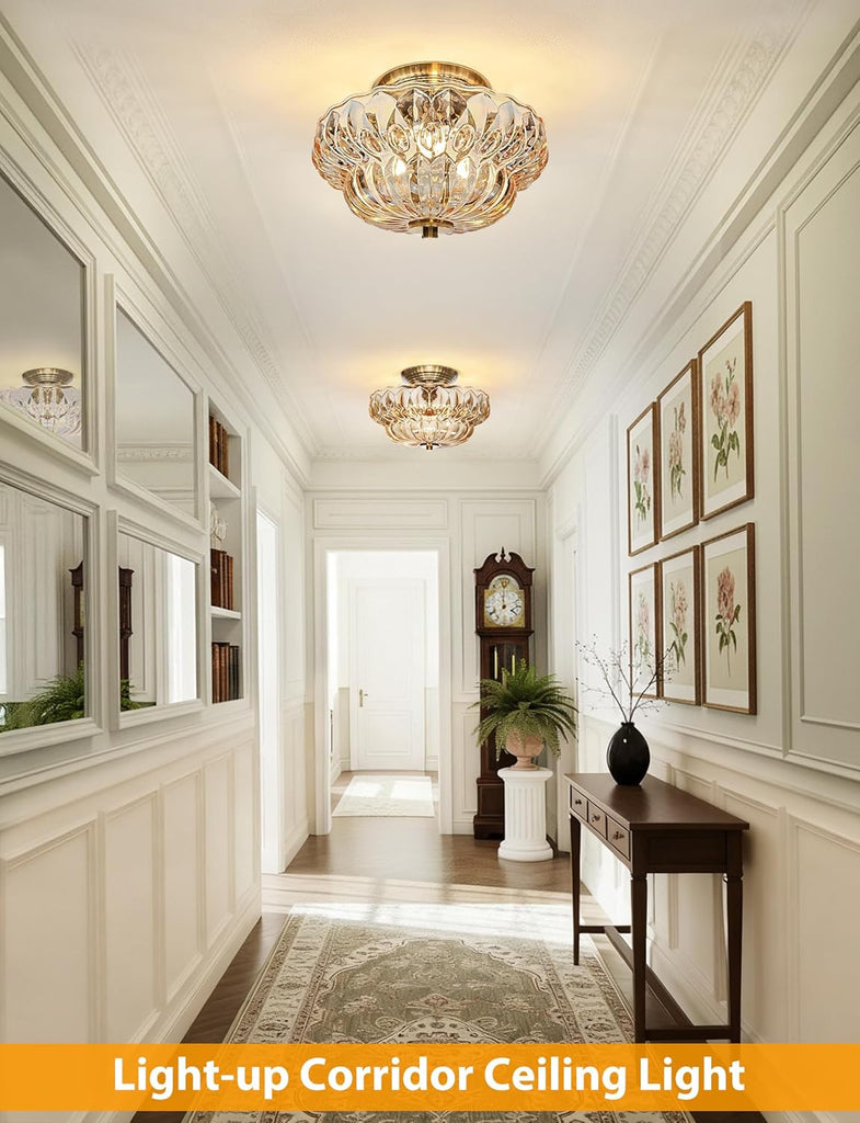 Semi Flush Mount Ceiling Light,Vintage Gold Hallway Lights Fixture | 11IN 3-Bulb Bright Even Light,Amber Glass Close