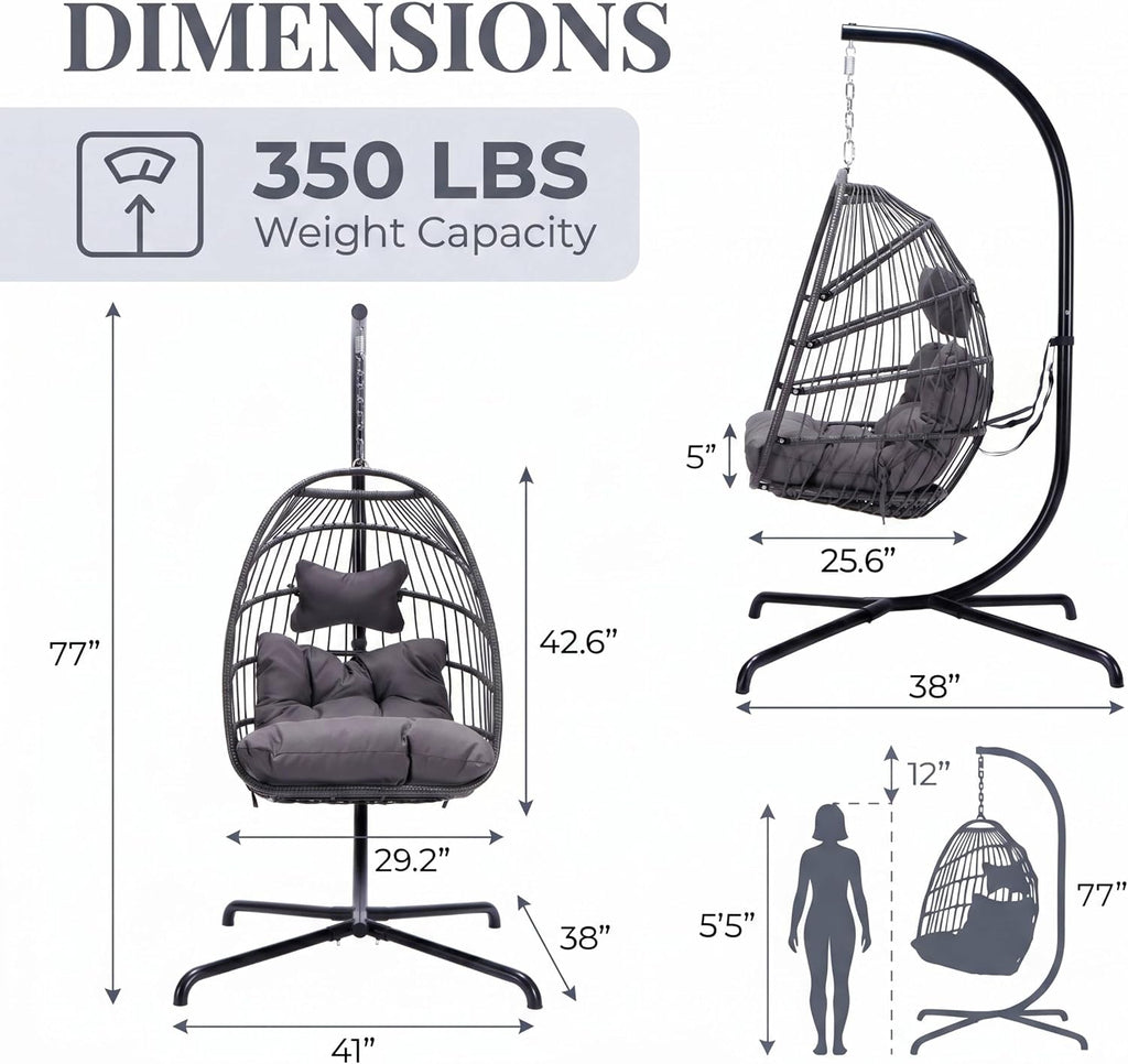 With Stand, Foldable Hanging Egg Chair Outdoor | 350 Lbs Heavy Duty, Foldable, PE Rattan Wicker Egg Swing Chair