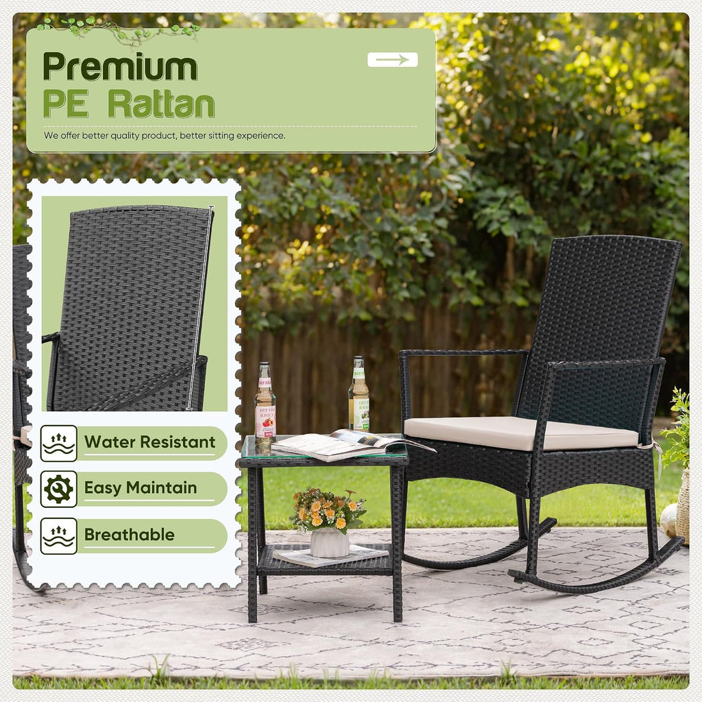 Rocking Chair Outdoor High Back Patio Chairs with Table,Beige | PE Rattan Porch Rocker Patio Conversation Sets for