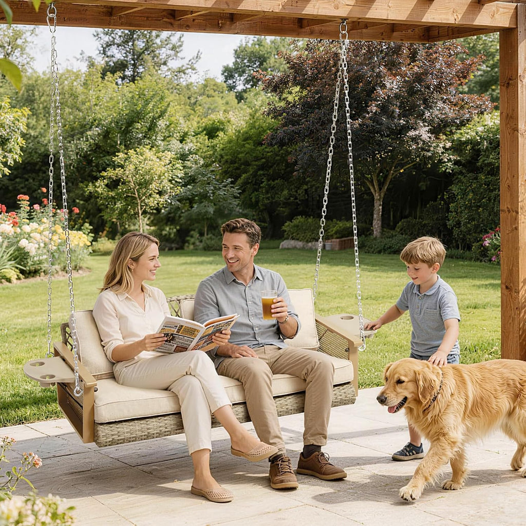 3-Seat Wicker Hanging Porch Swing with Cup Holders and Cushions | Porch Swing with Cushions, Heavy Duty Chains