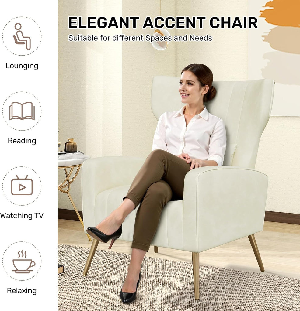 Velvet Accent Chair Wingback , High Back Arm Chair with Golden Legs Lumbar Pillow, Upholstered Single Sofa Bedroom
