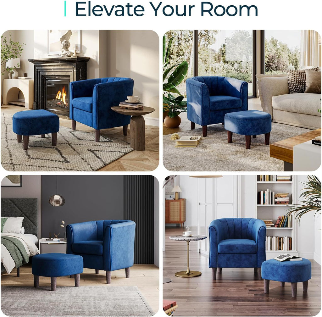 Accent Chair with Ottoman, Modern Barrel Chair Small Armchair Reading Chair with Footrest, Comfy Round Arms Chair