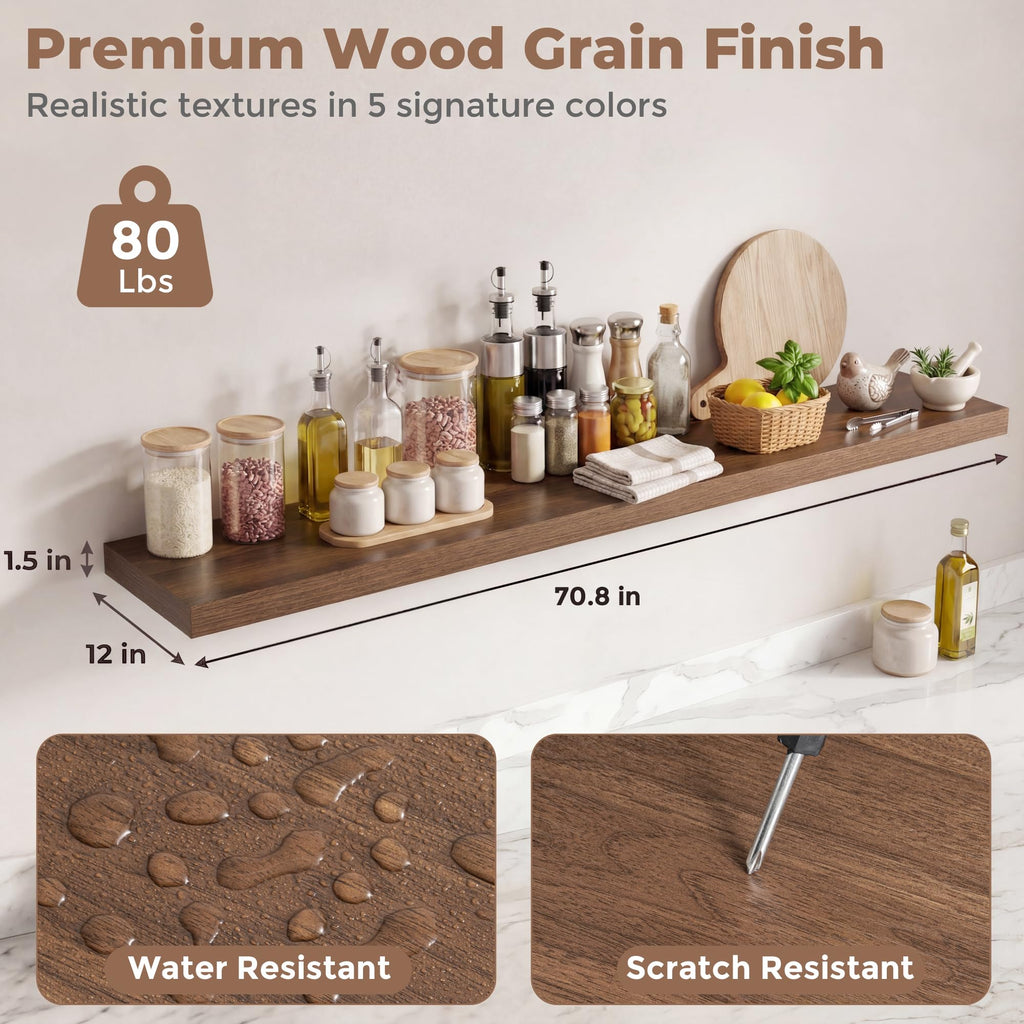 12 inch Deep Floating Shelves for Wall, 72" Wide, Walnut, 2-Pack