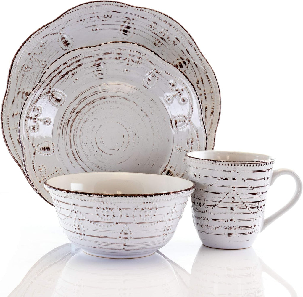 Rustic Birch 16 Piece Embossed Scalloped Stoneware Round Dinnerware Set in White with Brown Accents