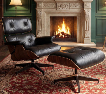 Mid-Century Modern Lounge Chair & Ottoman — Black Top-Grain Leather, Walnut Base, Extended Chaise