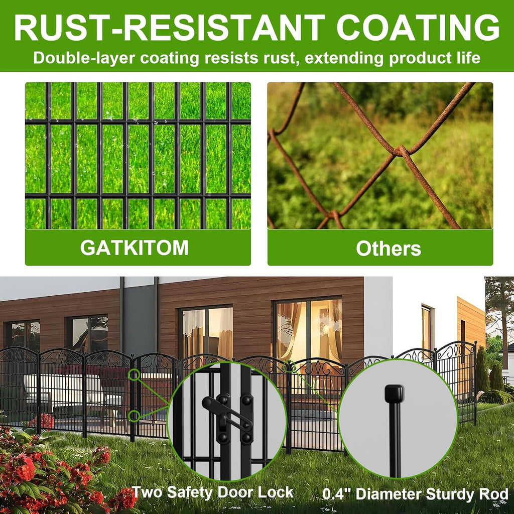 12 Panels No Dig Decorative Garden Fence with Gate, 31.3in(H) x 26ft(L) Rustproof Animal Barrier Metal Dog Fence
