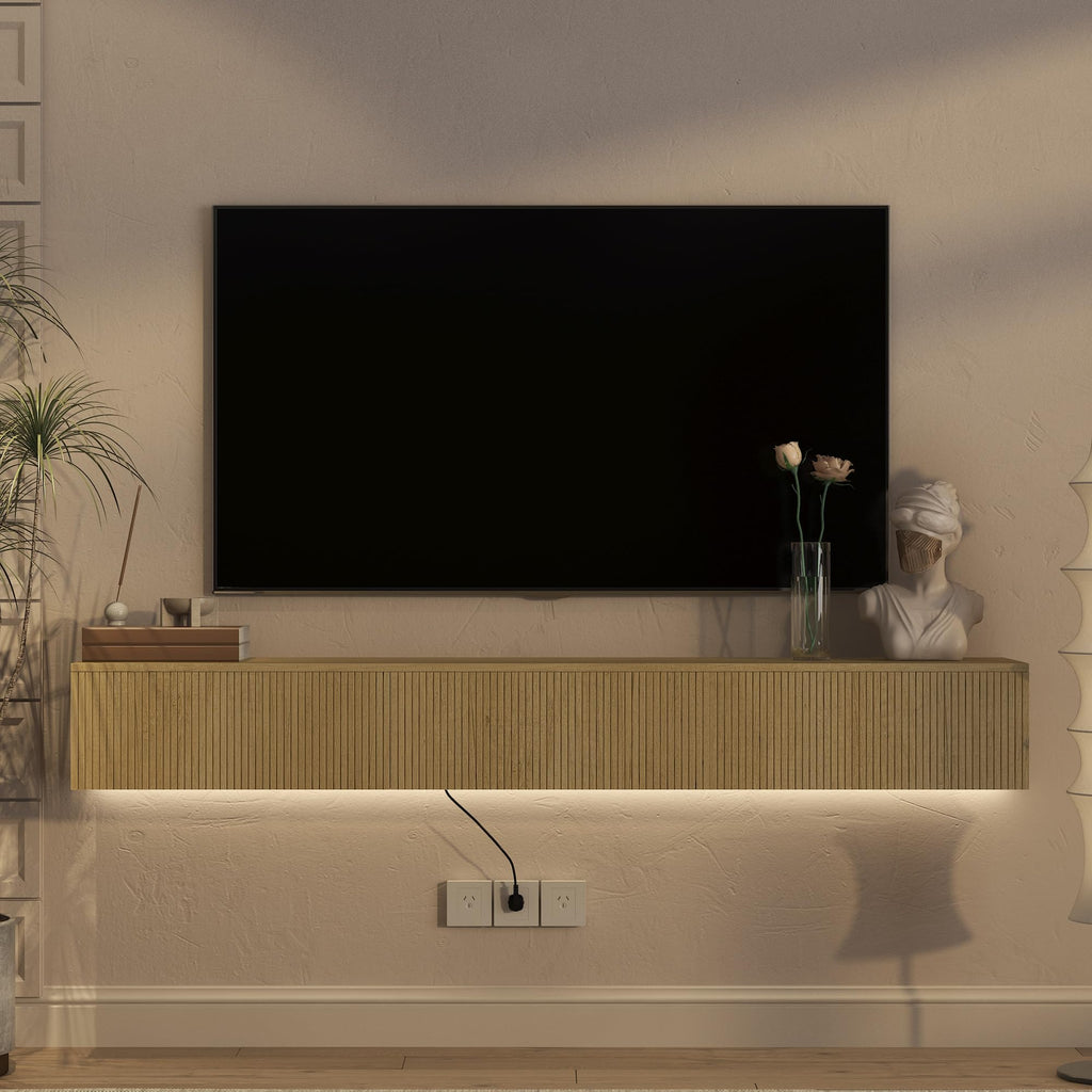 Natural Floating TV Stand, Fluted TV Console Wall Mounted, Floating Entertainment Center, Fluted TVs Cabinet Wood, Oak