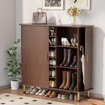 6-Tier 47'' Shoe Cabinet with Sliding Door, Wooden Shoe Storage Cabinet with Adjustable Shelves, Mid-Century Modern