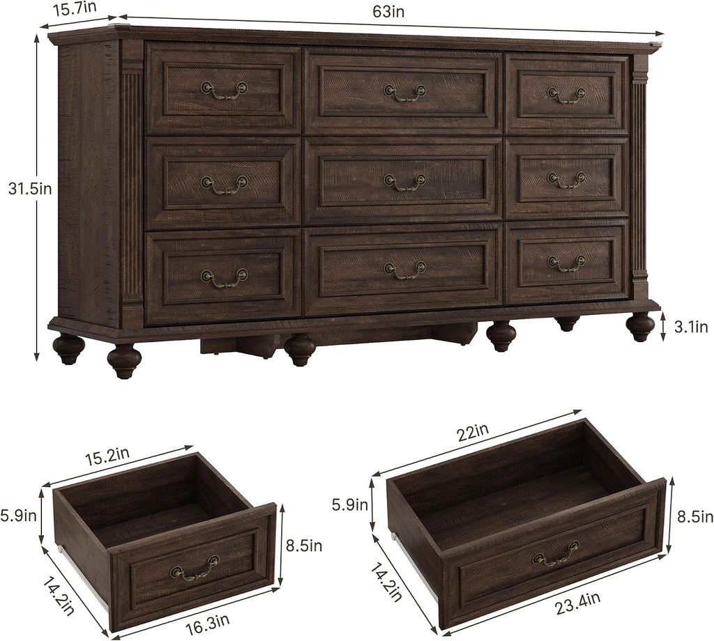 63" Farmhouse 9 Drawer Dresser with 6 Gourd Feet and Roman Column Decor, Wide Wood Country Rustic Chest of Drawers