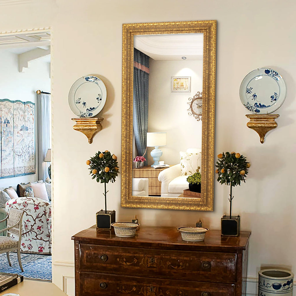 48" L x 24" W Large Gold Mirror for Wall, Rectangular Decorative Mirror Wall Decor with Leaves Shape Wood Frame