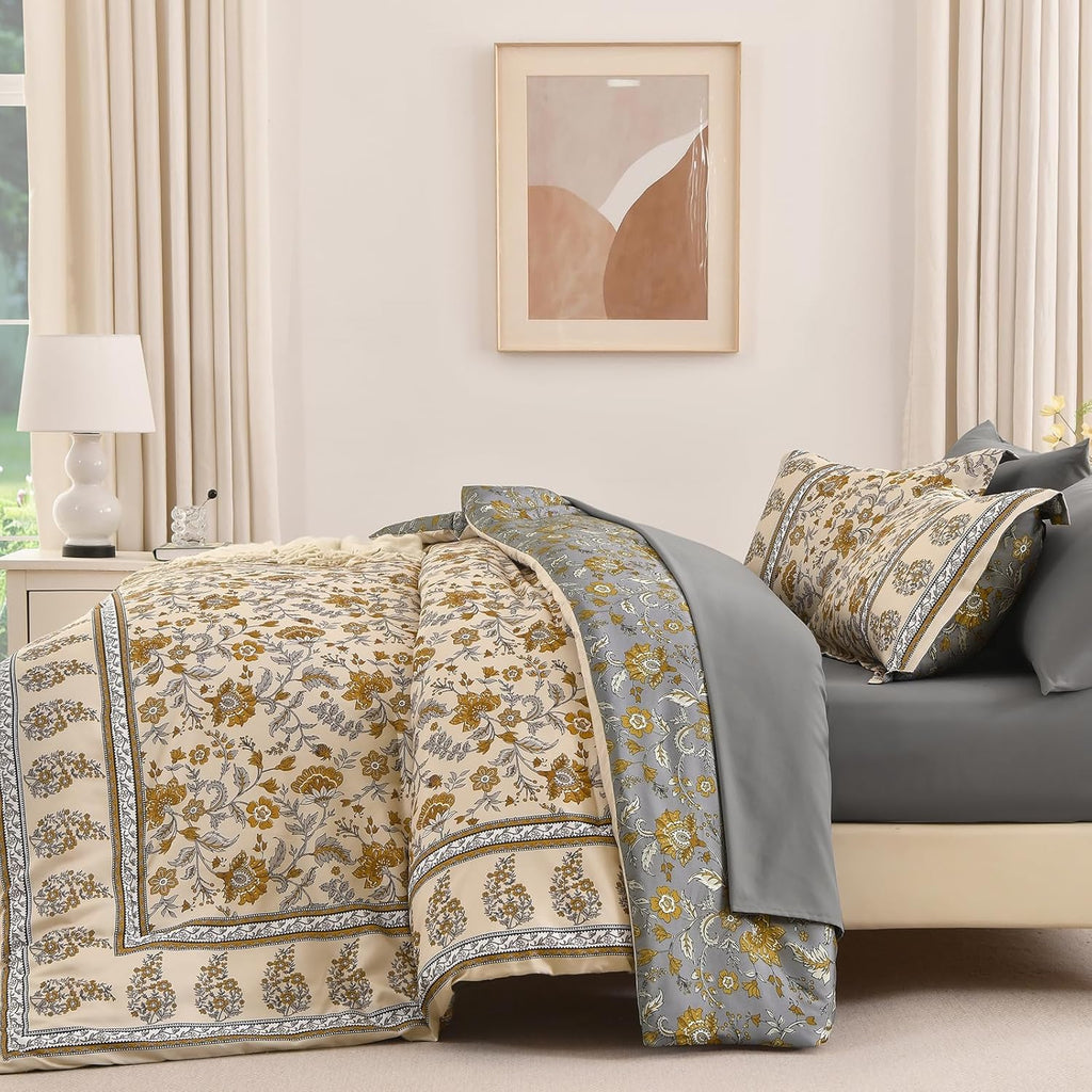 Boho Comforter Set,Beige Brown Bedding Paisley Floral 7 Piece Bed in a Bag Reversible Lightweight