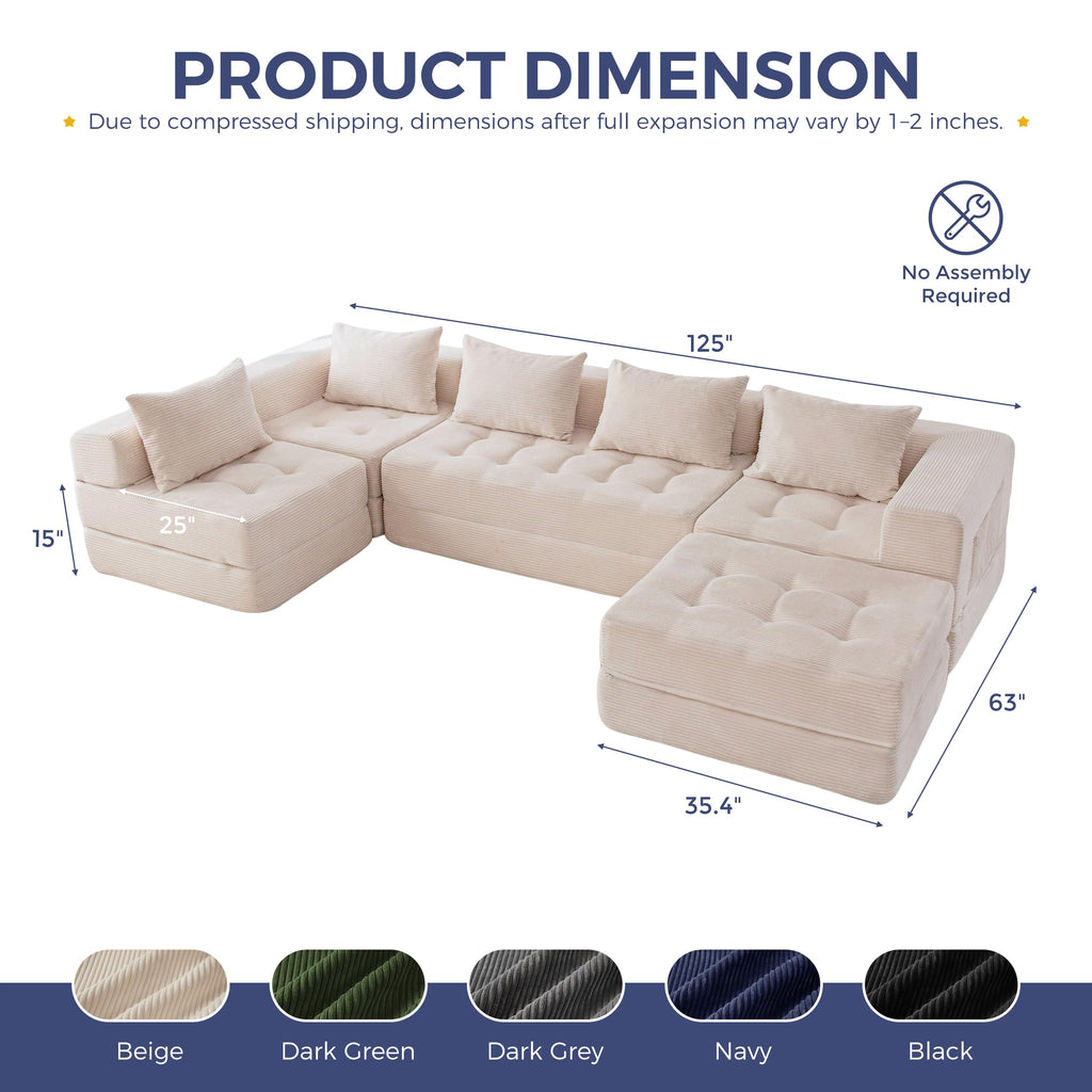 6-Seater U-Shaped Modular Sectional Sofa Couch with Ottoman