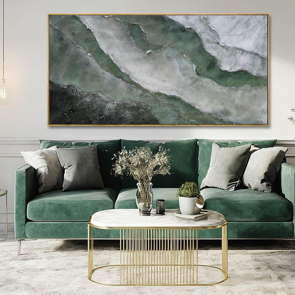 Green and White Abstract Wall Art, Large Framed Canvas Painting with Wooden Frame, Modern Abstract Wall