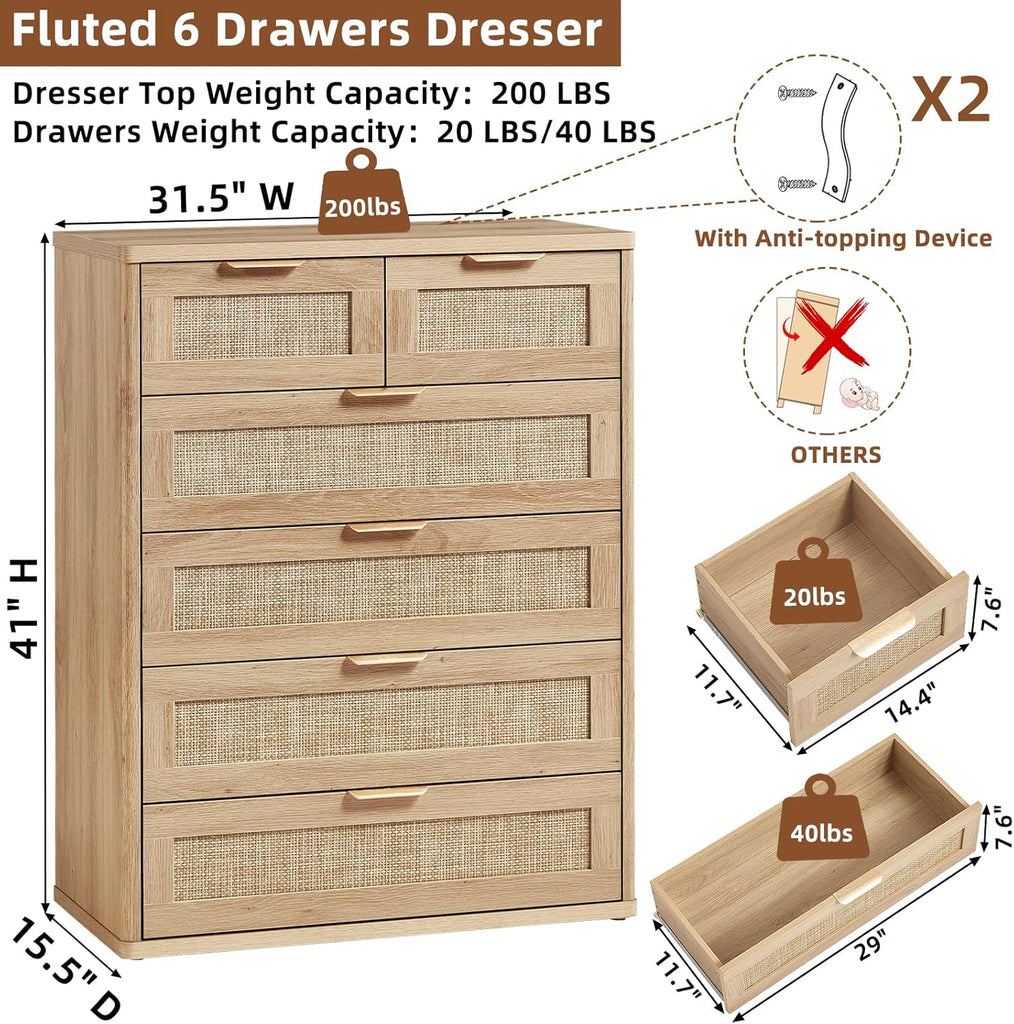 Rattan Dresser , 41" Tall Chest of Drawers | Gold Metal Handle, Oak Modern 6 Drawers Boho Dressers with Storage