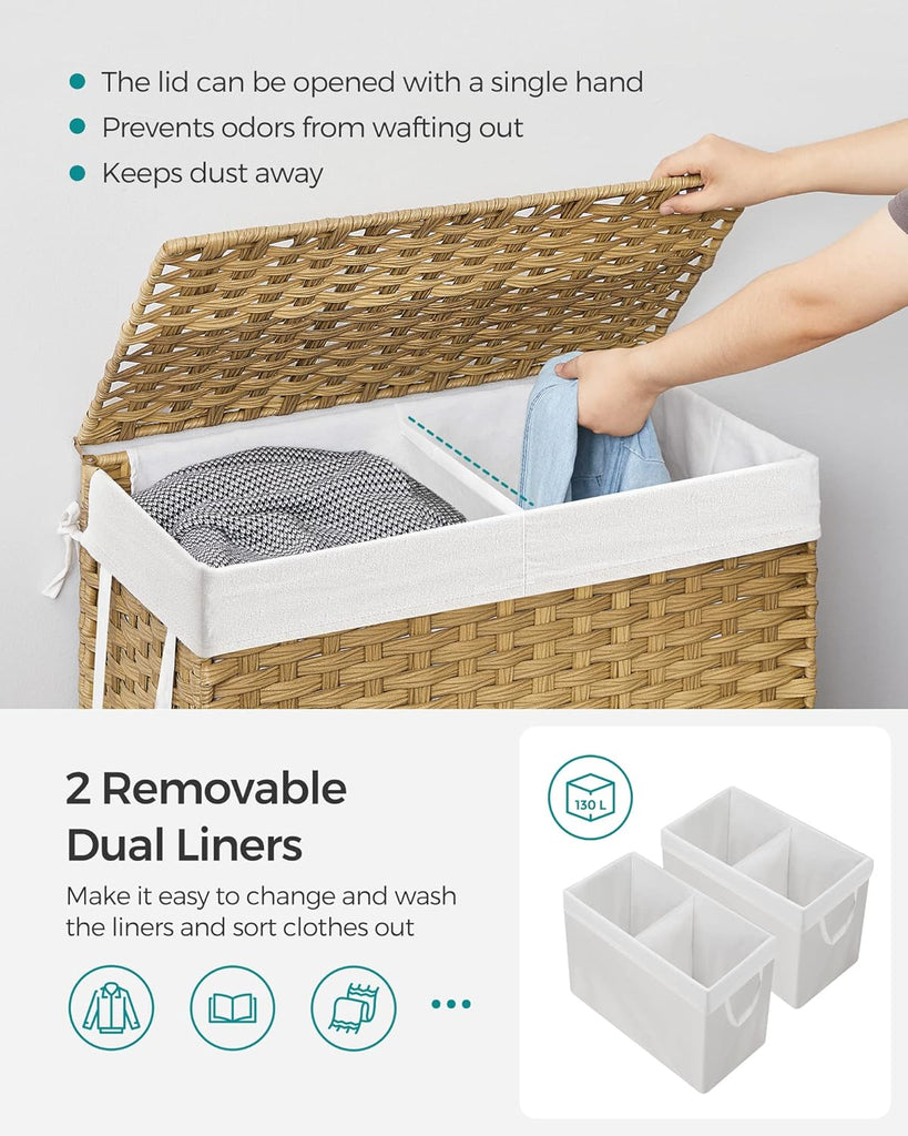 Laundry Hamper with Lid, 130L Wicker Laundry Basket | 6 Mesh Bags, 2 Removable Liner Bags, 13 x 26 x 23.6 Inches