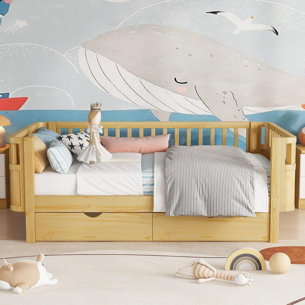Twin Size Wood Floor Bed, Montessori Platform Daybed Frame with Safety Rails & Low Profile, Space Saving U-Shaped