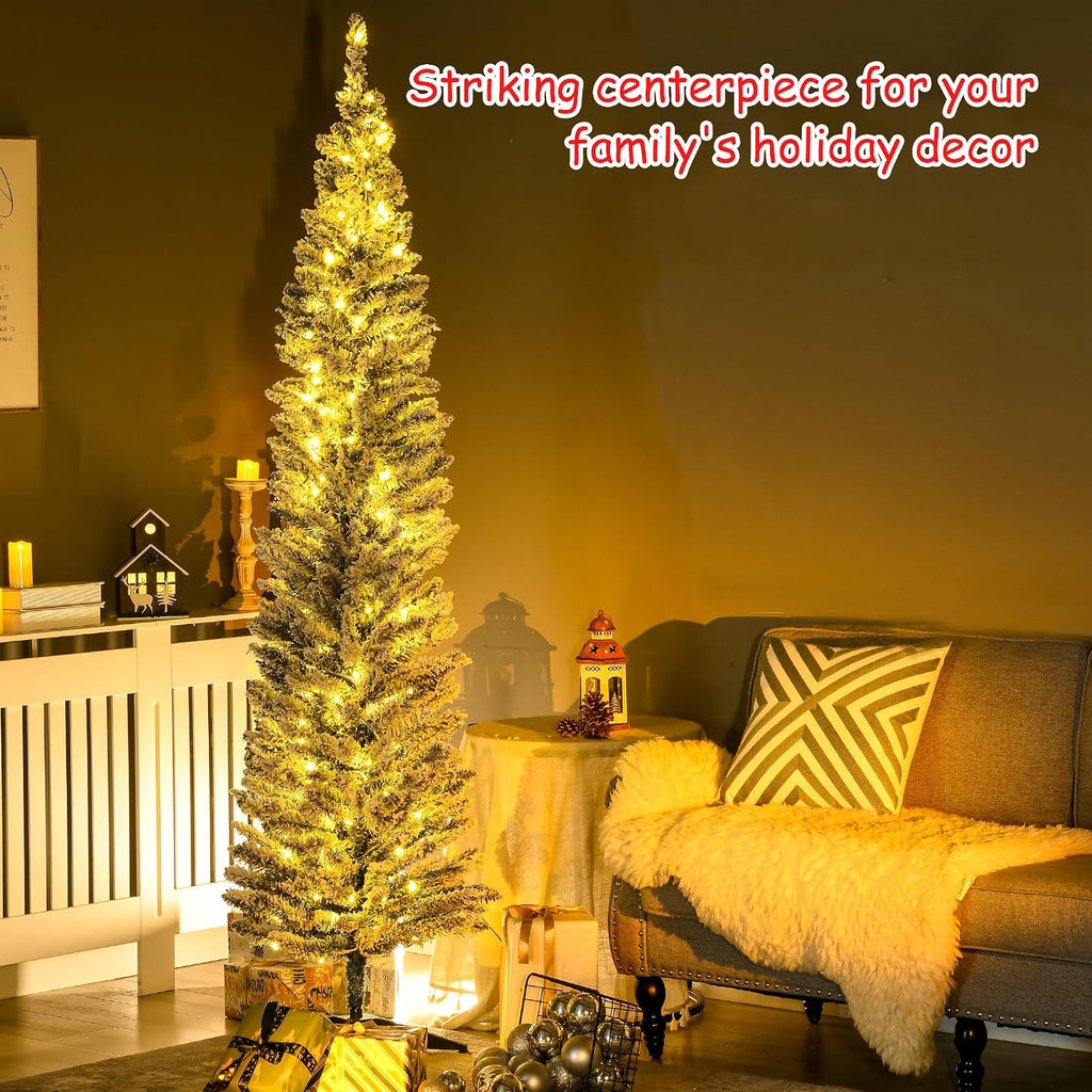 Pencil Christmas Tree 7' Tall Pre-Lit Slim Noble Fir Green