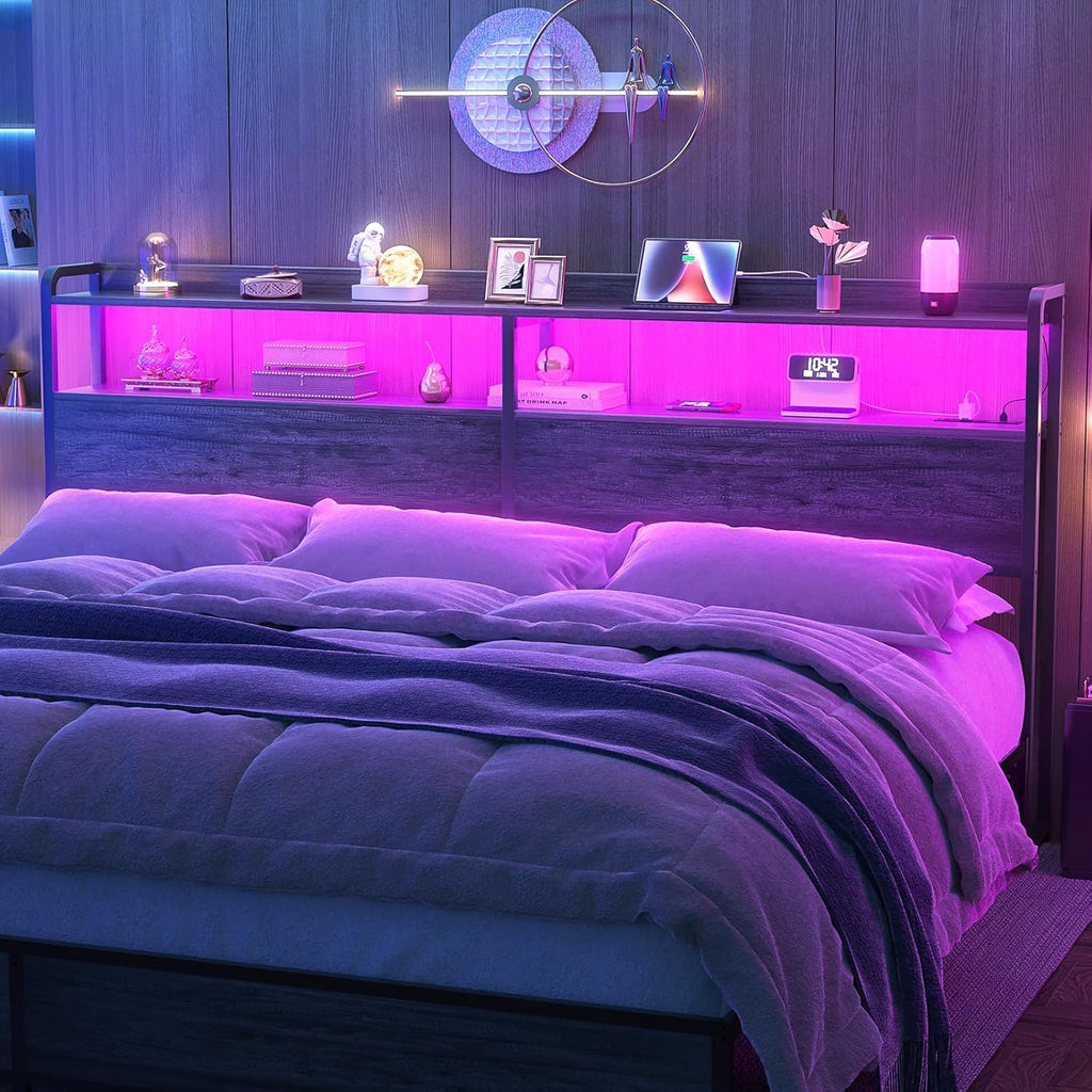 Headboard for King Bed Frame, Headboards with Outlets, USB Ports and LED Light, Head Board with Storage