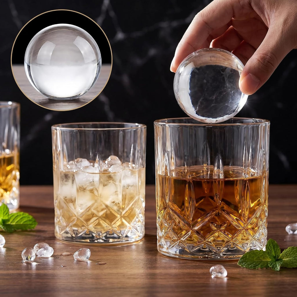 Old Fashioned Whiskey Glasses, Set of 4 (2 Crystal Bourbon Glasses, 2 Round Big Ice Ball Molds) In Gift Box - 11 Oz