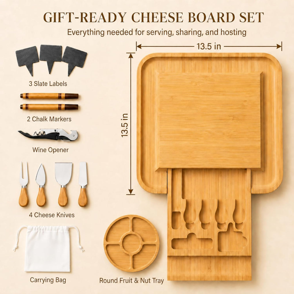Charcuterie Boards Gift Set, Large Bamboo Cheese Board, Hidden Knife Drawer | Housewarming Gifts New Home, Wedding