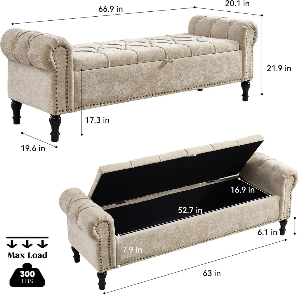Storage Bed Bench , Chenille 67" End of Bed King Size Benches with Armrest, Tufted Button Upholstered Ottoman Bench
