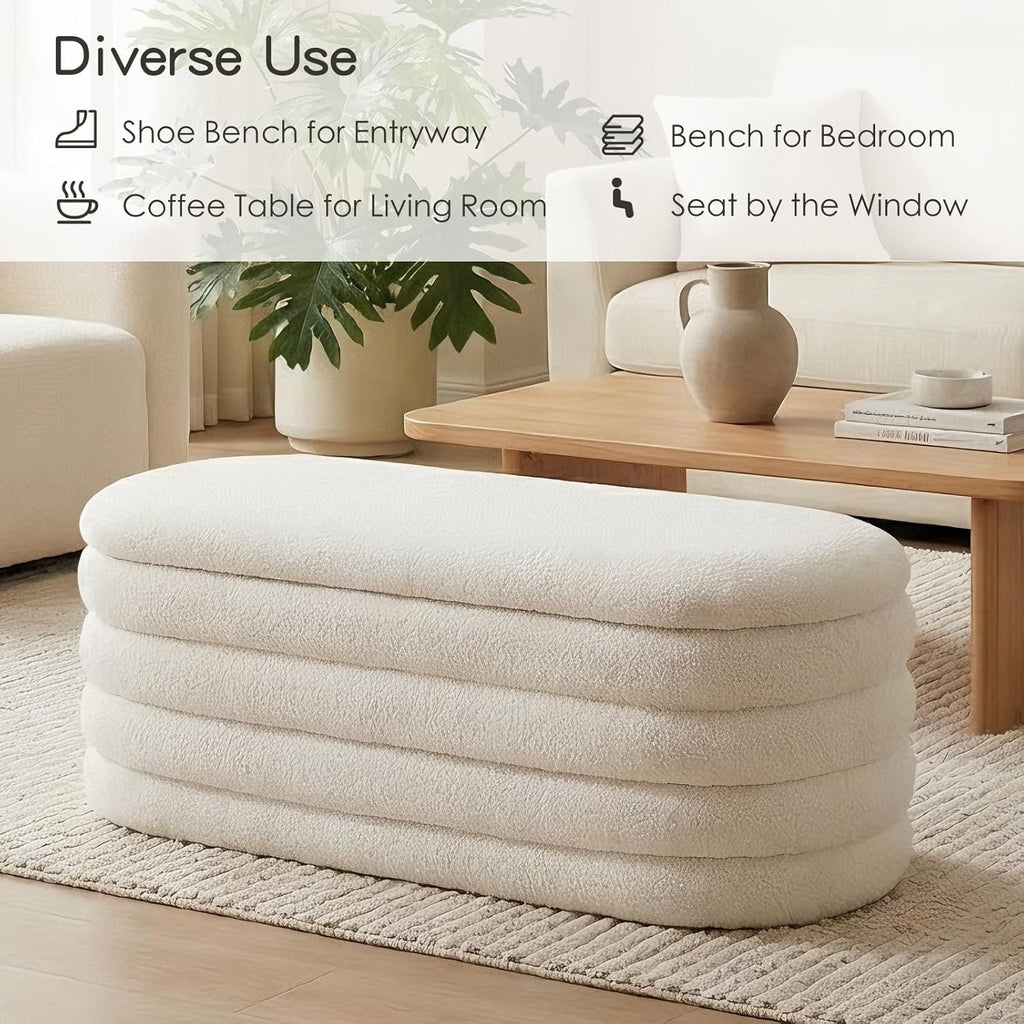 Storage Ottoman Bench, 45'' Upholstered Boucle Ottoman with Storage, Aesthetic Bedroom Bench Entryway, Beige