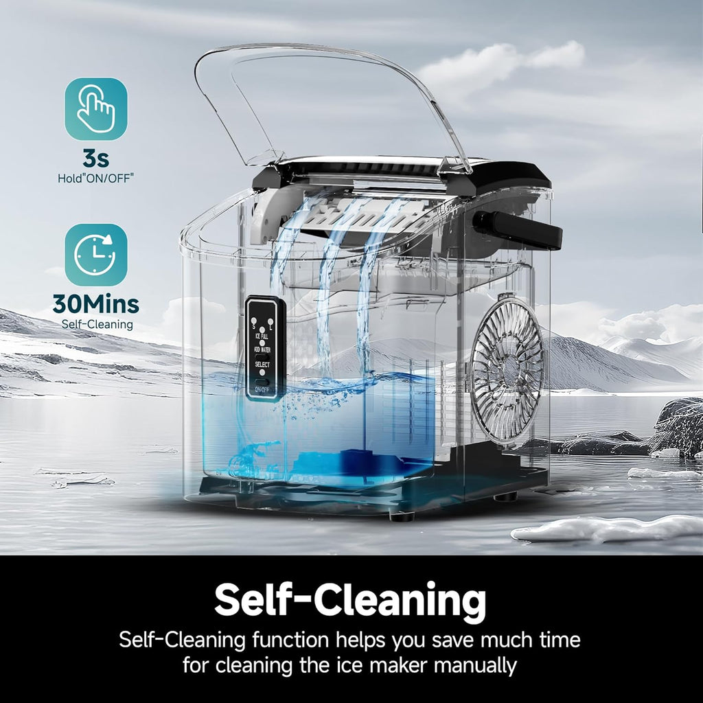 Ice Maker Countertop with Carry Handle, 9 Cubes Ready in 6 Mins, 26.5lbs/24H, Self-Cleaning, 2 Sizes of Bullet Ice