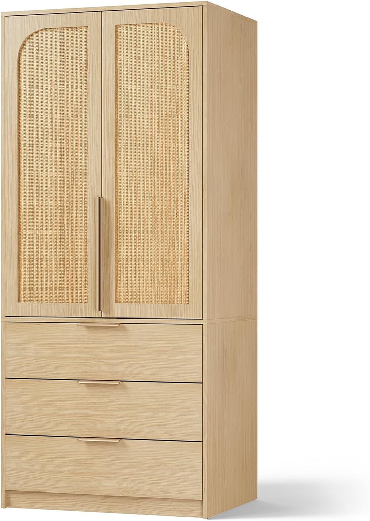 70" Wardrobe Armoire Wooden Closet with 3 Drawers, Oak | Bedroom Armoire with Hanging Rod Shelf, Large Capacity