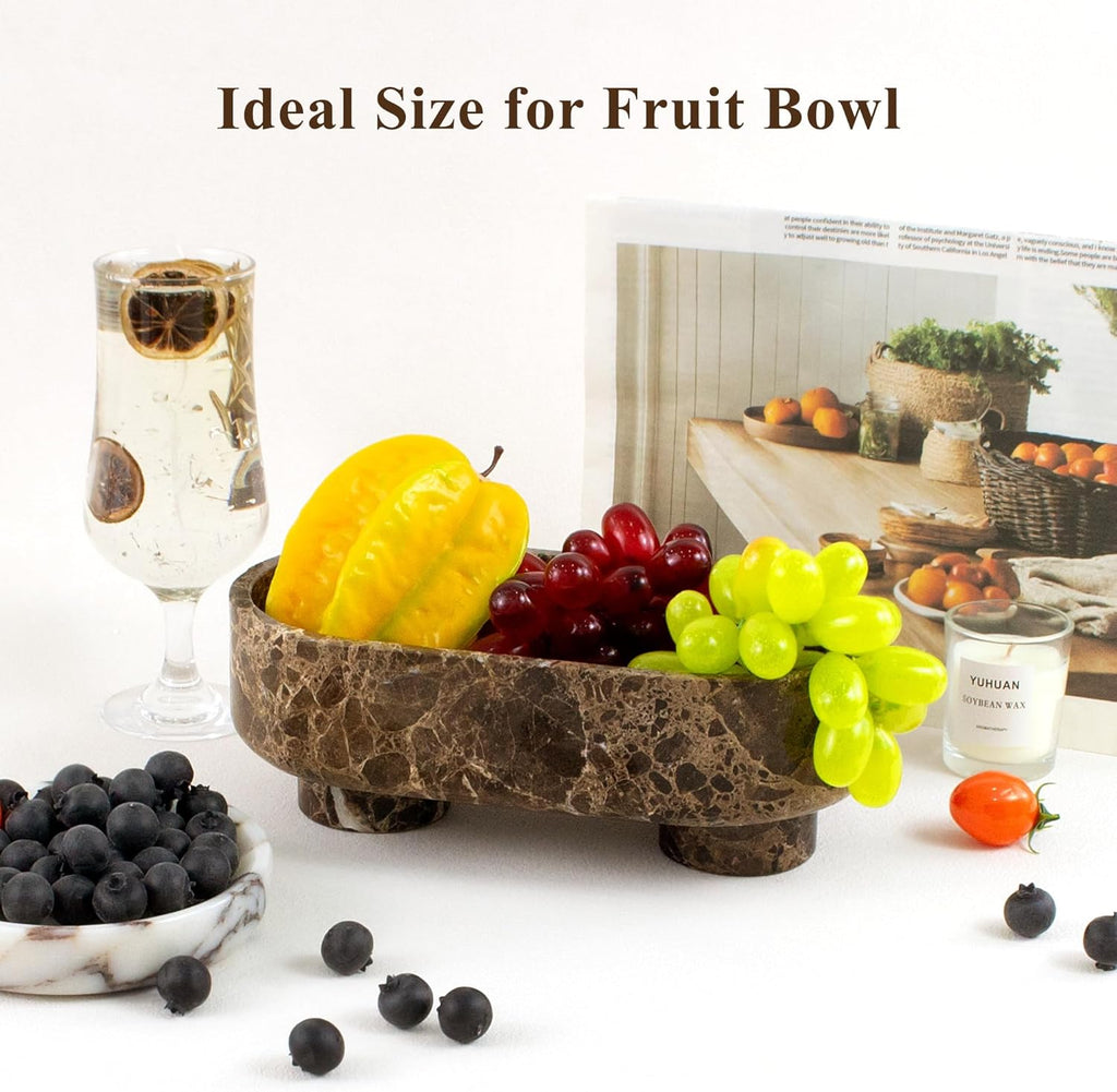 Natural Oval Marble Fruit Bowl, Two-Legged Decorative Bowl Dark Brown | 10" Large Handcrafted Marble Catchall Bowl