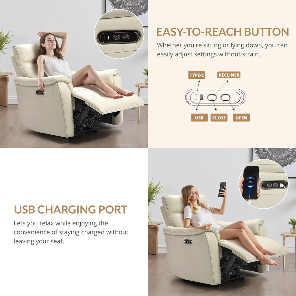 Genuine Leather Recliner Chair, Electric Power Recliner Chairs for Adults, Comfortable Single Sofa Chair with USB