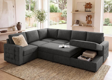 Sectional Couch with Pull Out Bed, U-Shaped Sectional Sleeper Sofa with Storage, 6 Seater Sectional Sofa Bed, Mid-Grey