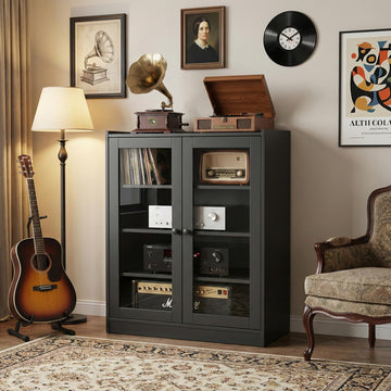 Audio Stereo Cabinet with Glass Doors, 35.4" Tall AV Component Media Stand, Record Player Stand with Adjustable
