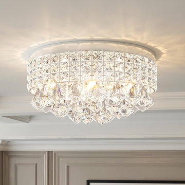 4 Lights Crystal Chandelier, Modern Drum Ceiling Light Fixture Lamp, Raindrop Flush Mount Round Metal Shade, for