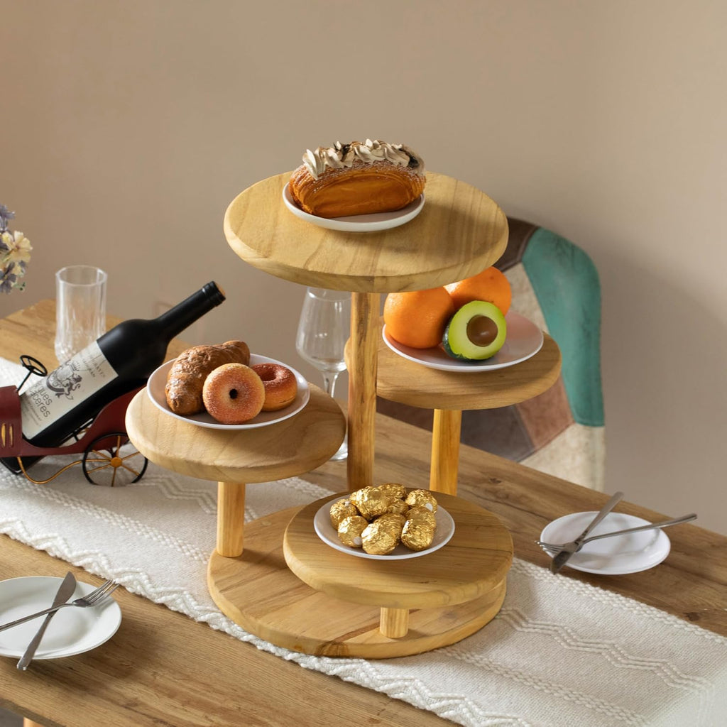 Multi Purpose 4-Tier Round Wooden Cake Stand and Charcuterie Boards - Perfect Tiered Tray Display for Desserts