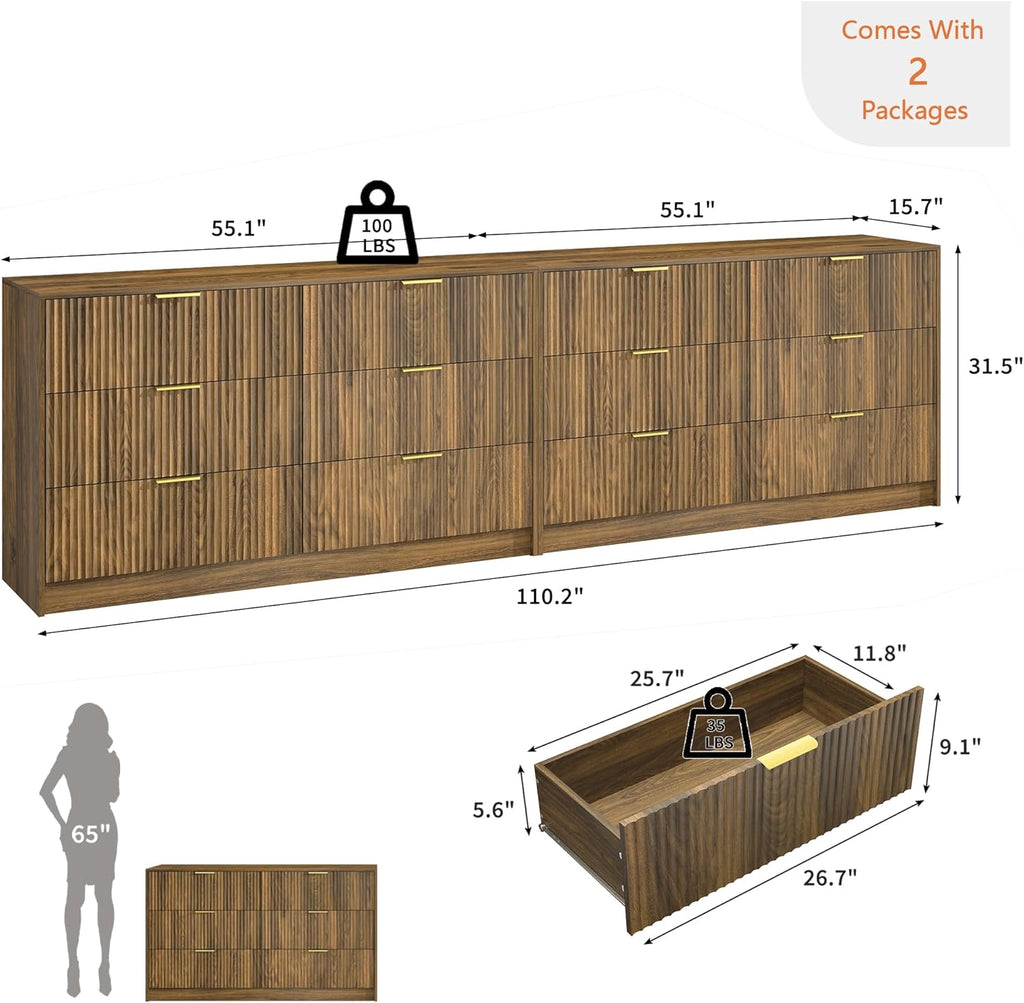 Walnut Dresser Set of 2, Long Dresser Wooden with 12 Drawers, Fluted Modern Bedroom Furniture Set, TV Stand Dressers