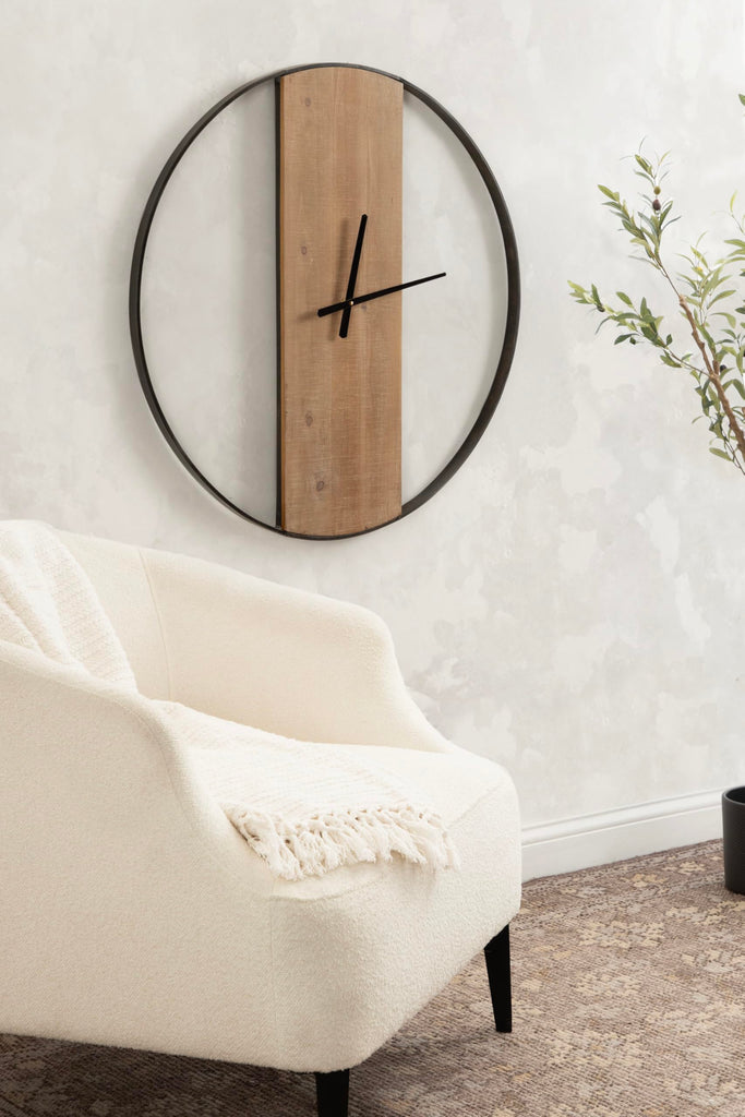 Ladd Modern Numberless Round Wall Clock; 32 Inch Diameter; Hazelnut and Black; Decorative Minimal Metal and Wood
