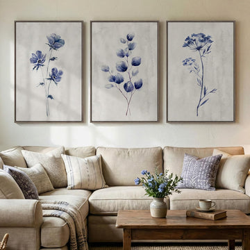 Framed Boho Floral Wall Art , 3 Piece Blue Minimalist Botanical Canvas Painting Prints, Modern Rustic Watercolor