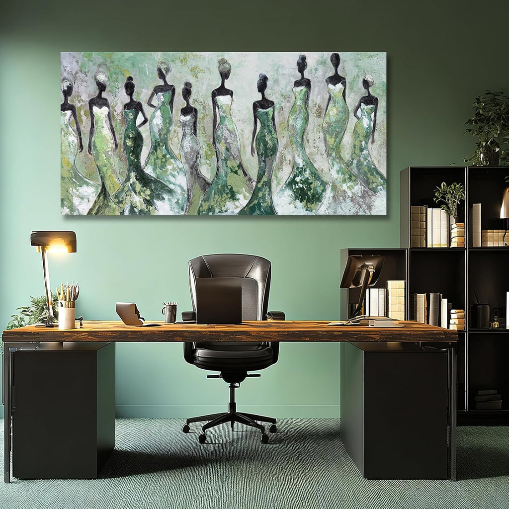 Green Abstract Figure Wall Art, Black Modern Horizontal Canvas Print, Aesthetic Fashion Artwork
