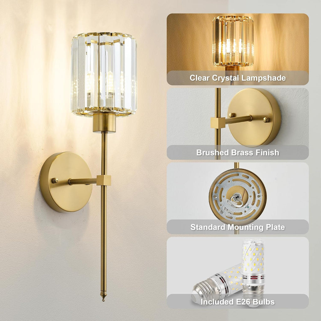 Hardwired Crystal Wall Sconces Set of Two - Dimmable Wall Light Fixtures 3000K, Warm White, for Hallway, Bathroom