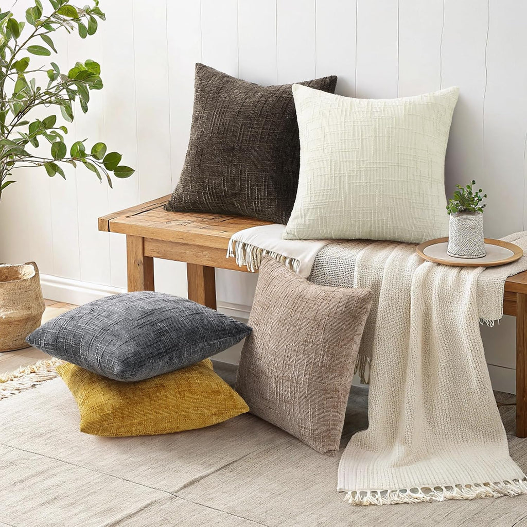 Summer Cream White Chenille Euro Sham Throw Pillow Covers 26x26 Set of 2 Textured Soft Cozy Slubby Couch Pillow
