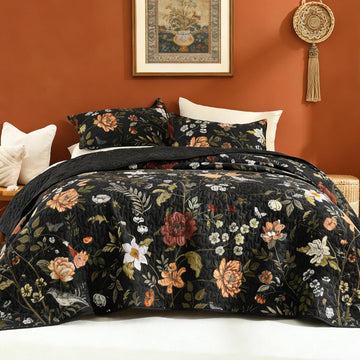 Floral Black Quilt - 3 Pieces Botanical Birds Pattern Quilt Bedding, Lightweight Soft Coverlet for All Seasons