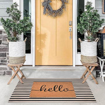 Front Door Mat Combo Set, Hello 100% Coco Coir Welcome Doormat + 28" x 43" Layered Buffalo Black and White Striped