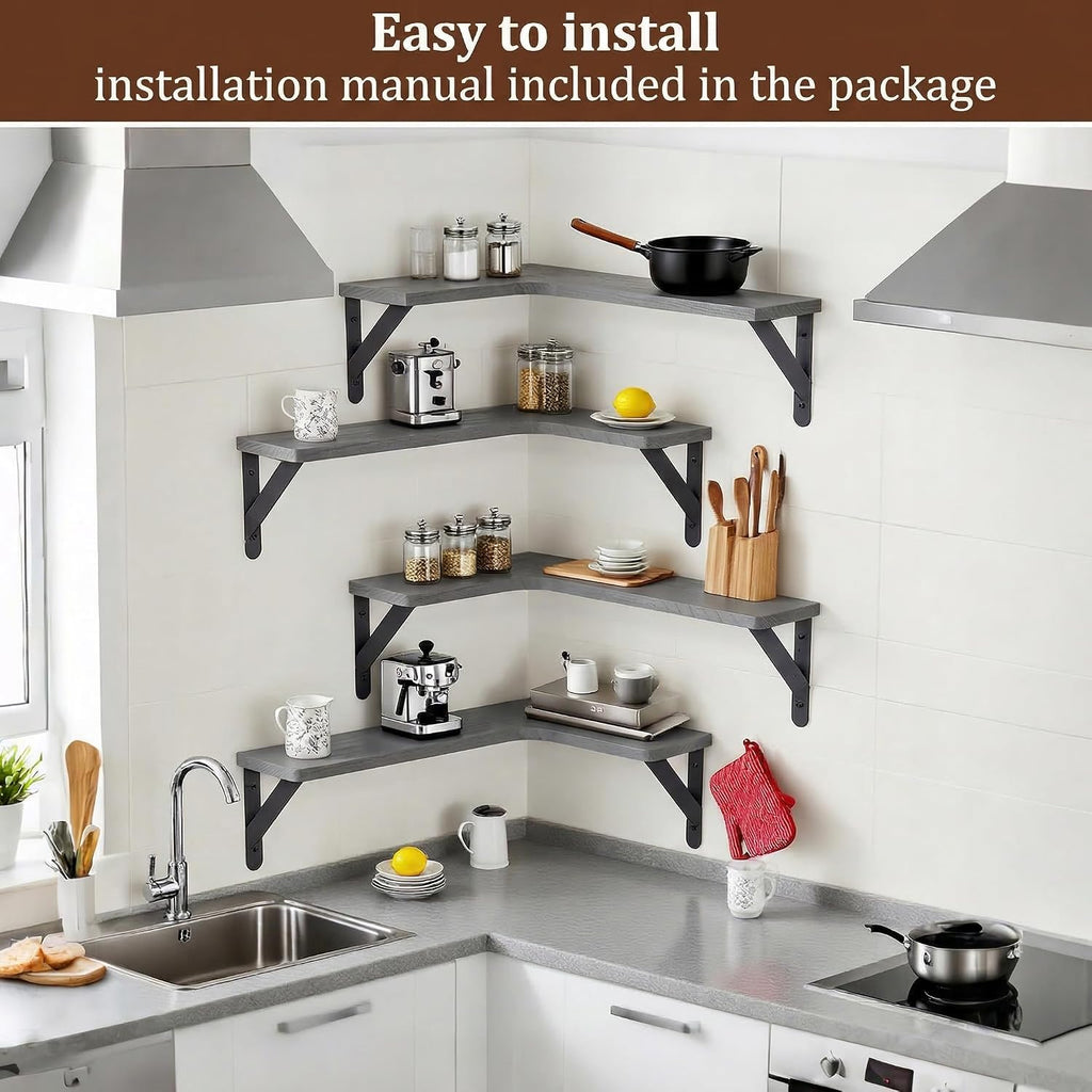 Corner Floating Shelves Set of 5, Rustic Wood Shelves, Grey | Wall Mounted Floating Shelf Decor, Storage Corner Shelf