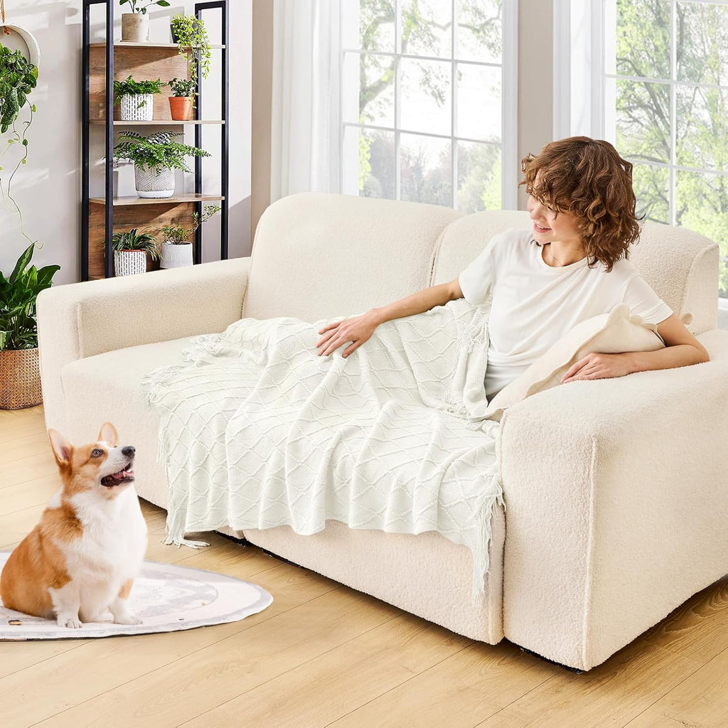 Knitted Throw Blanket, Soft Living Room Home Decor Knitted Blanket with Tassel, Outdoor Lightweight Breathable Summer