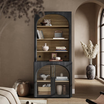72'' Tall Arched Bookshelf with Glass Doors, 6 Tier Bookcase | Mid-Century Modern Display Cabinet, Modular Accent