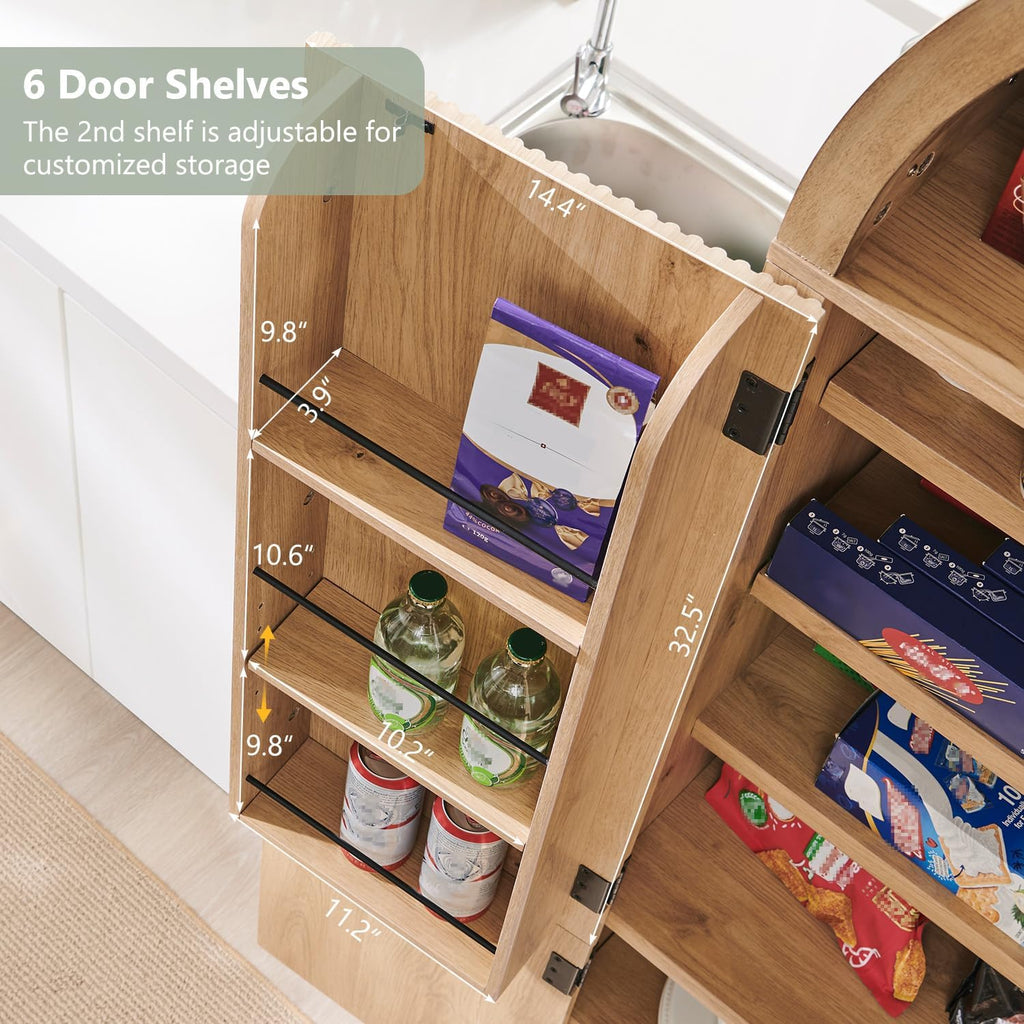 71" Tall Arched Kitchen Pantry, Modern Fluted Wood Storage Cabinet with Doors, 3 Adjustable Shelves, 6 Door Shelves