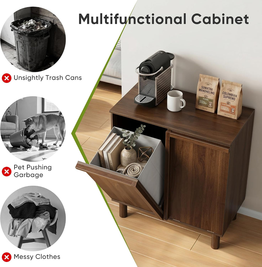 Double Laundry Hamper Cabinet, 26.2" Small Wooden Dirty Clothes Basket with Handles, Narrow Tilt-Out Laundry Sorter