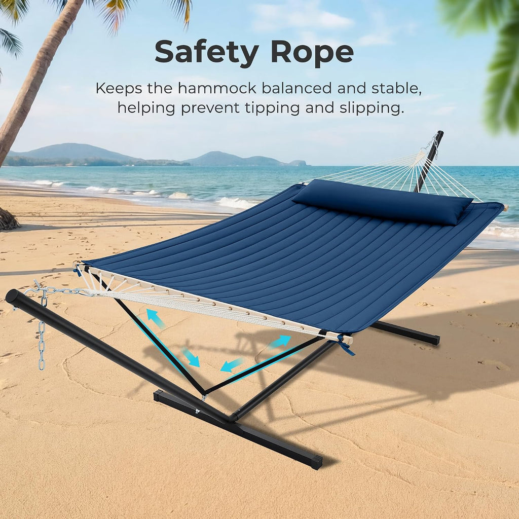 12ft Double Hammock with Stand, Rope Hammock for 2 Person, Detachable Hammock Bed and Pillow, Portable, Anti-Tip